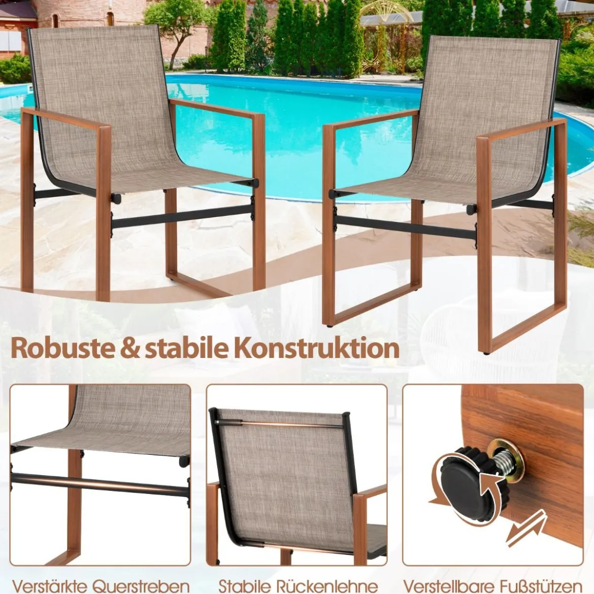 2er Set Terrassenstuhl Set mit Atmungsaktiver Sitzfläche & Rückenlehne Gartenstühlen