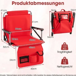 2er Set Tragbarer Stadionsitz mit Rückenlehne Klappbarer Tribünenstuhl mit Schultergurt & Getränkehalter Rot