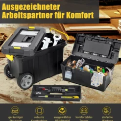 2er Set tragbarer Werkzeugkoffer mit Ziehgriff & Abnehmbarem Fach Trolley Werkzeugkoffer Schwarz