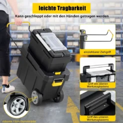 2er Set tragbarer Werkzeugkoffer mit Ziehgriff & Abnehmbarem Fach Trolley Werkzeugkoffer Schwarz