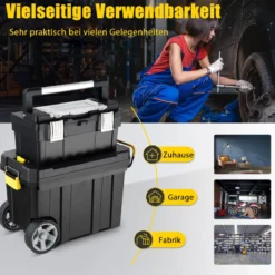 2er Set tragbarer Werkzeugkoffer mit Ziehgriff & Abnehmbarem Fach Trolley Werkzeugkoffer Schwarz