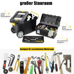 2er Set tragbarer Werkzeugkoffer mit Ziehgriff & Abnehmbarem Fach Trolley Werkzeugkoffer Schwarz