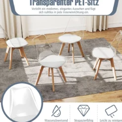 4er Set Transparent Esszimmerstühle mit Massivholz Beine Skandinavische Küchenstühle Akzentstuhl Weiß