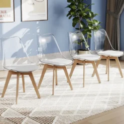 4er Set Transparent Esszimmerstühle mit Massivholz Beine Skandinavische Küchenstühle Akzentstuhl Weiß
