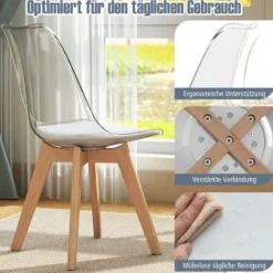 4er Set Transparent Esszimmerstühle mit Massivholz Beine Skandinavische Küchenstühle Akzentstuhl Weiß