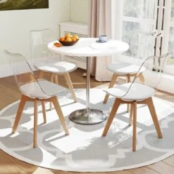 4er Set Transparent Esszimmerstühle mit Massivholz Beine Skandinavische Küchenstühle Akzentstuhl Weiß