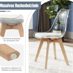 4er Set Transparent Esszimmerstühle mit Massivholz Beine Skandinavische Küchenstühle Akzentstuhl Weiß