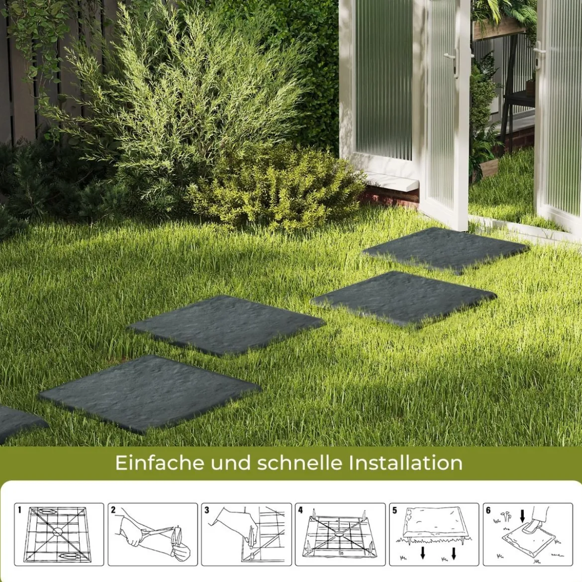 8er Set Trittsteine für Garten Gehwegplatten aus Polypropylen Steinplatten inkl. 32 Erdspießen 39,5 x 39,5 cm Grau