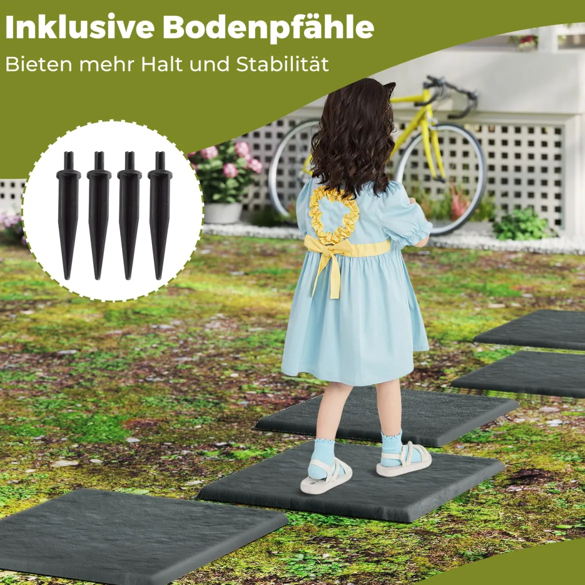 8er Set Trittsteine für Garten Gehwegplatten aus Polypropylen Steinplatten inkl. 32 Erdspießen 39,5 x 39,5 cm Grau