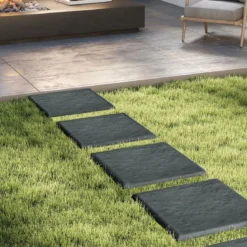 8er Set Trittsteine für Garten Gehwegplatten aus Polypropylen Steinplatten inkl. 32 Erdspießen 39,5 x 39,5 cm Grau