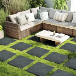 8er Set Trittsteine für Garten Gehwegplatten aus Polypropylen Steinplatten inkl. 32 Erdspießen 39,5 x 39,5 cm Grau