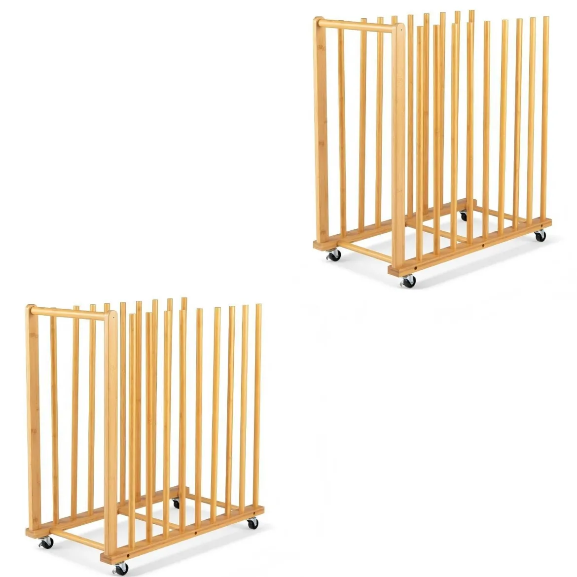 2er Set Trocken-Malregal aus Bambus mit 9 Schlitzen Griff & Rollen in Natürlicher Optik 75 x 40 x 81 cm