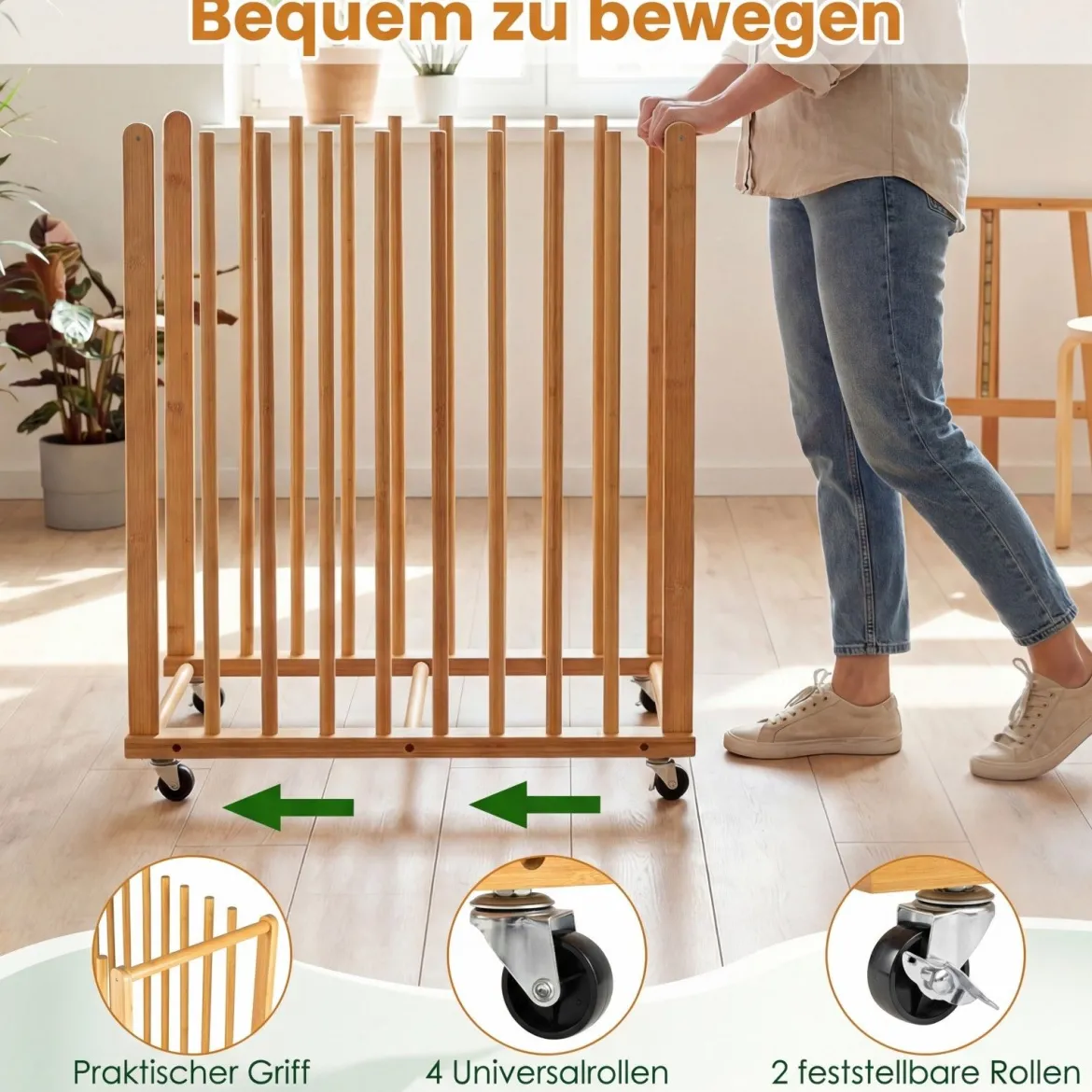 2er Set Trocken-Malregal aus Bambus mit 9 Schlitzen Griff & Rollen in Natürlicher Optik 75 x 40 x 81 cm