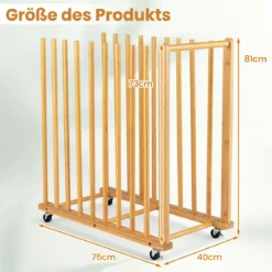2er Set Trocken-Malregal aus Bambus mit 9 Schlitzen Griff & Rollen in Natürlicher Optik 75 x 40 x 81 cm
