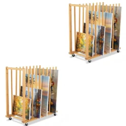 2er Set Trocken-Malregal aus Bambus mit 9 Schlitzen Griff & Rollen in Natürlicher Optik 75 x 40 x 81 cm