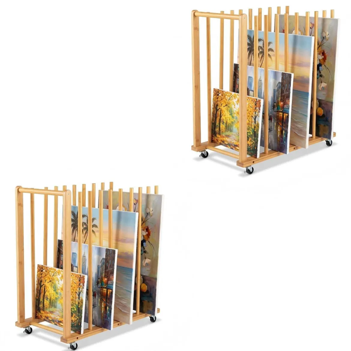 2er Set Trocken-Malregal aus Bambus mit 9 Schlitzen Griff & Rollen in Natürlicher Optik 75 x 40 x 81 cm