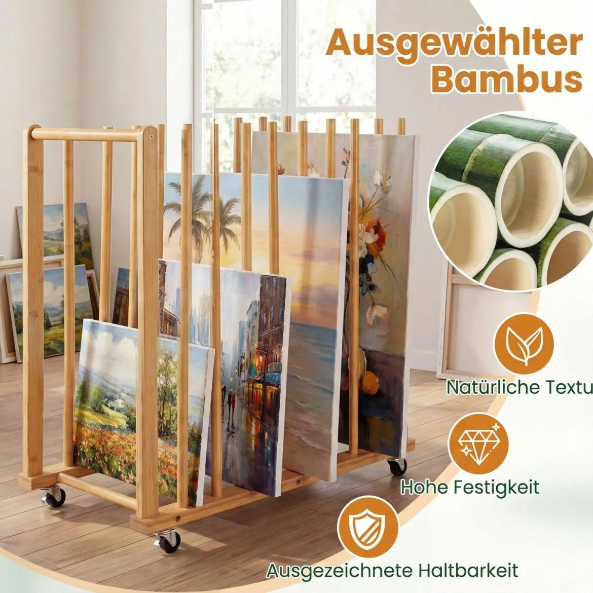 2er Set Trocken-Malregal aus Bambus mit 9 Schlitzen Griff & Rollen in Natürlicher Optik 75 x 40 x 81 cm