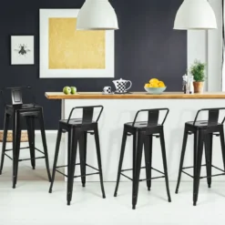 4er Set Vintage Barstühle aus Rotguss-Metall mit Rückenlehne Stapelbare Esszimmerstühle Schwarz