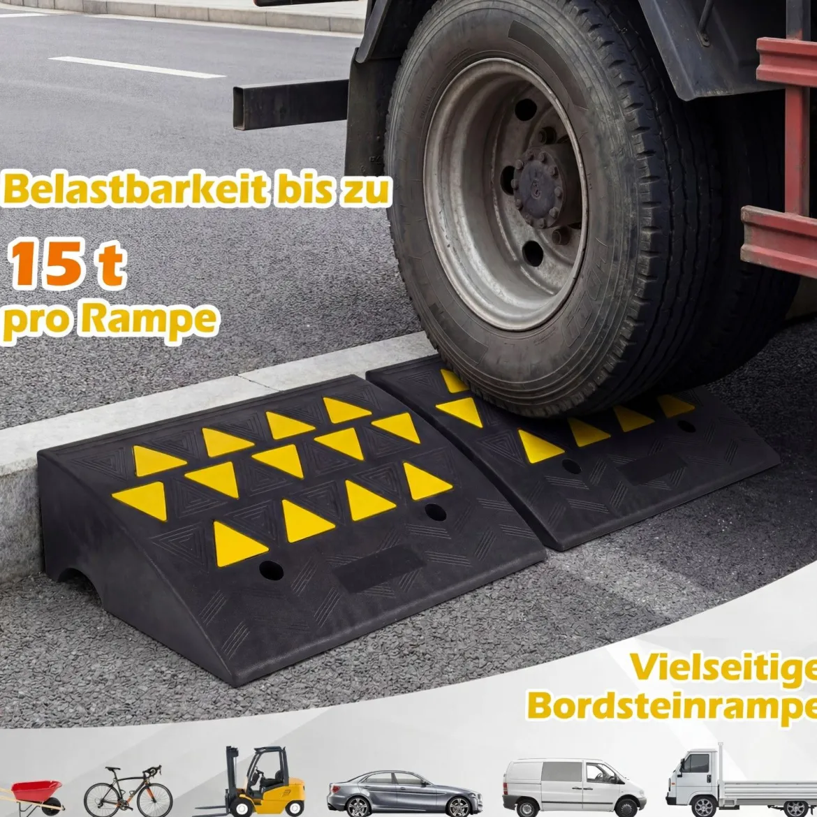 2er Set Vollgummi Schwellenrampe mit 15 Tonnen Tragkraft Türschwellenrampe 49 x 37 x 16 cm