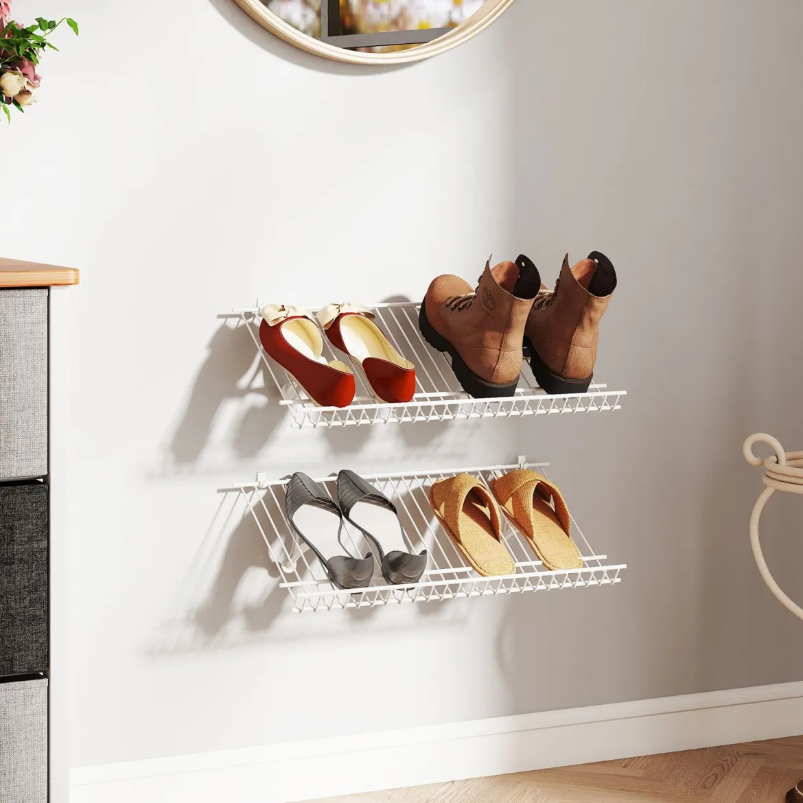 2er Set Wandmontage Schuhregale Metall-Draht Lagerorganisator Set Anpassbare Schrankregal
