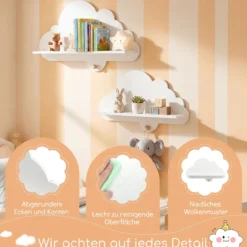 2er Set Wandregal Schweberegal im Wolken-Design Wandmontiertes Bücherregal mit Holzhaken Weiß/Natur