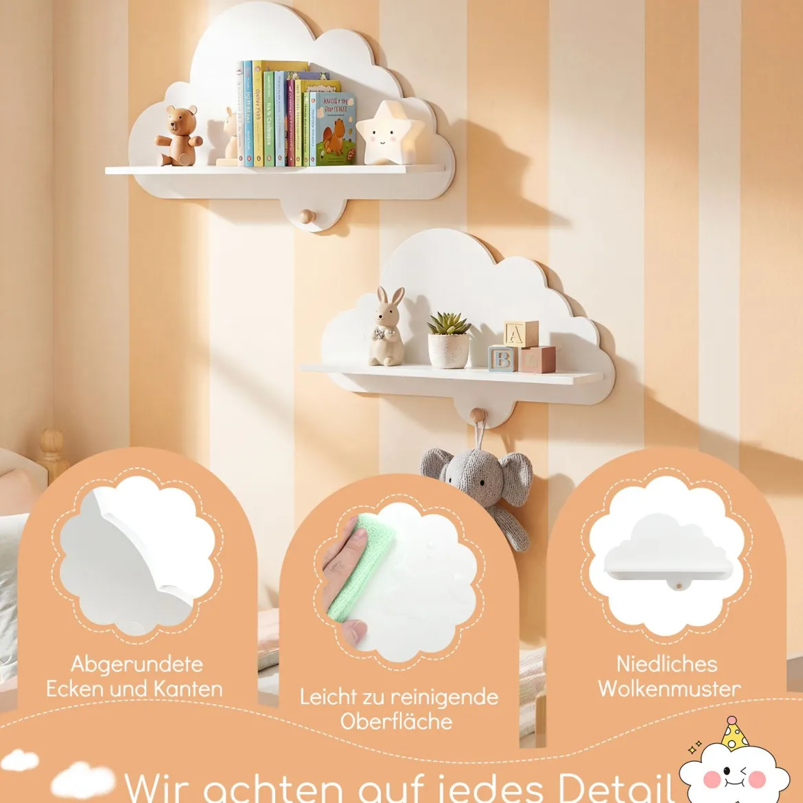 2er Set Wandregal Schweberegal im Wolken-Design Wandmontiertes Bücherregal mit Holzhaken Weiß/Natur