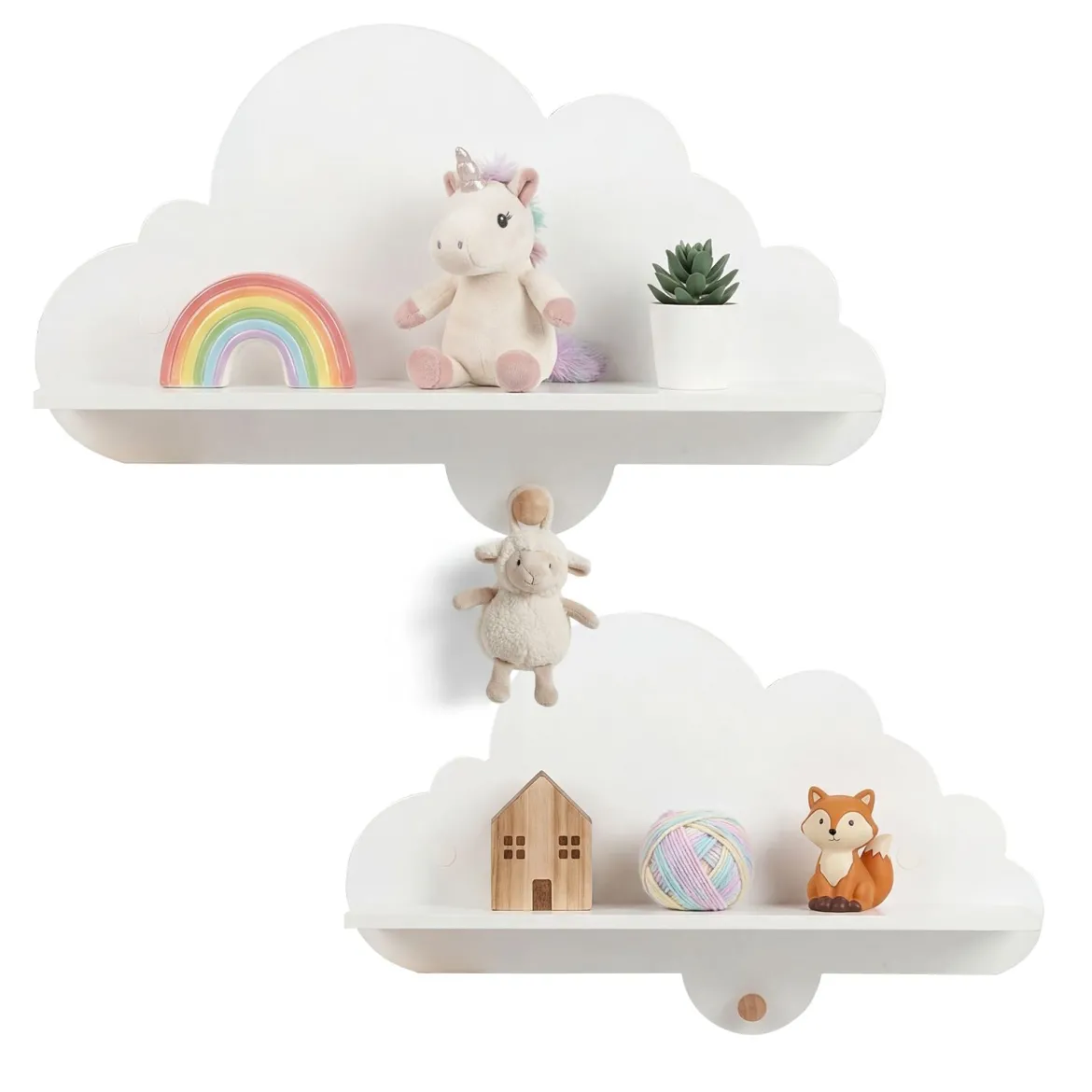 2er Set Wandregal Schweberegal im Wolken-Design Wandmontiertes Bücherregal mit Holzhaken Weiß/Natur