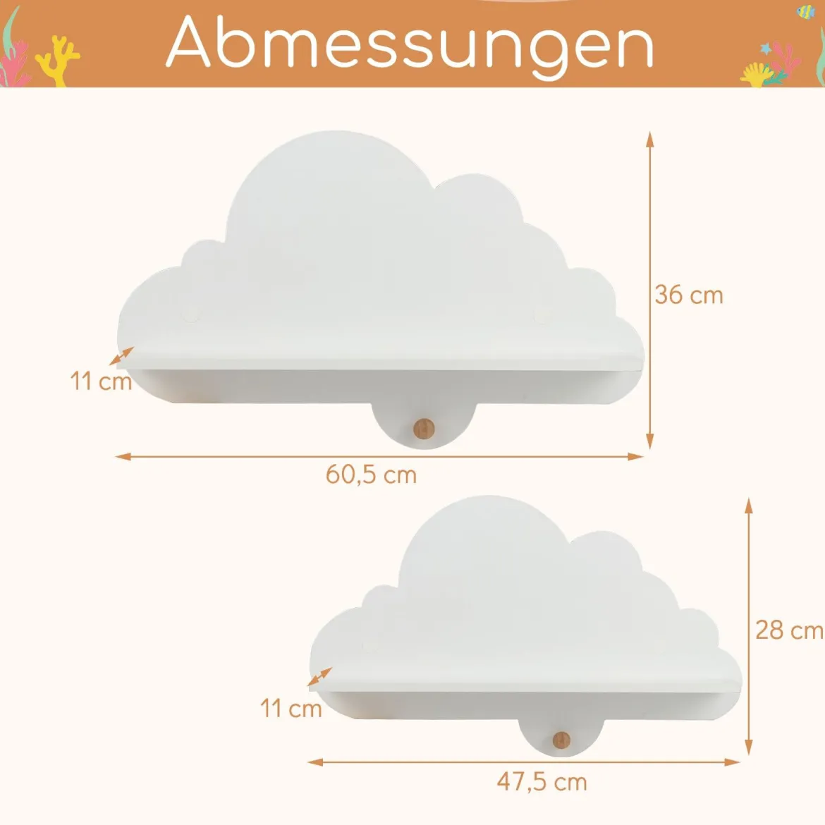 2er Set Wandregal Schweberegal im Wolken-Design Wandmontiertes Bücherregal mit Holzhaken Weiß/Natur