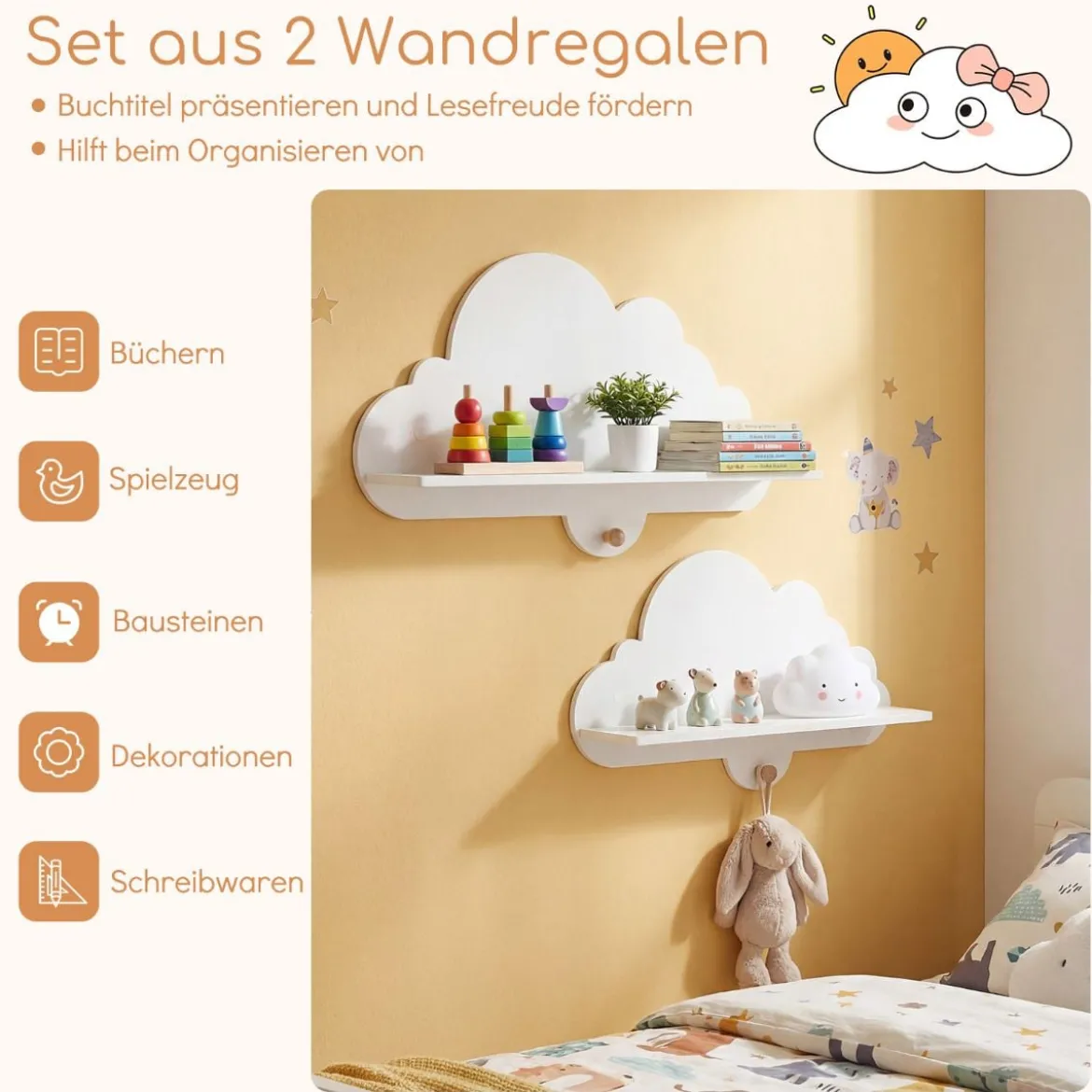 2er Set Wandregal Schweberegal im Wolken-Design Wandmontiertes Bücherregal mit Holzhaken Weiß/Natur