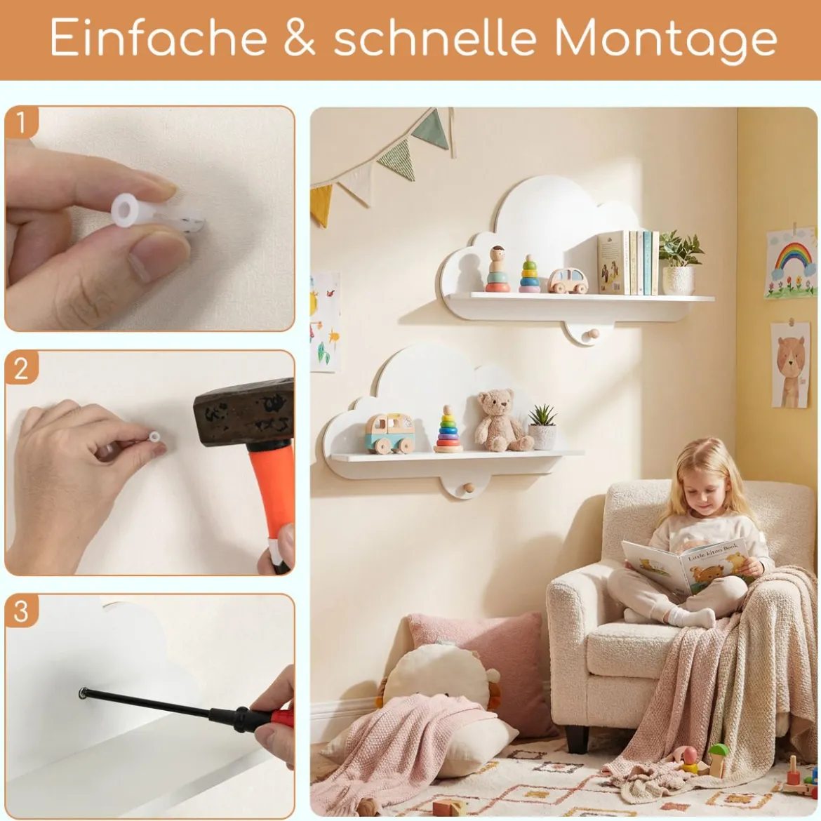 2er Set Wandregal Schweberegal im Wolken-Design Wandmontiertes Bücherregal mit Holzhaken Weiß/Natur