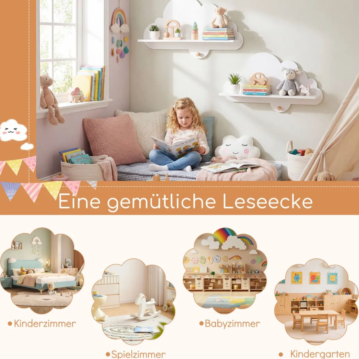 2er Set Wandregal Schweberegal im Wolken-Design Wandmontiertes Bücherregal mit Holzhaken Weiß/Natur
