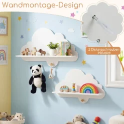 2er Set Wandregal Schweberegal im Wolken-Design Wandmontiertes Bücherregal mit Holzhaken Weiß/Natur