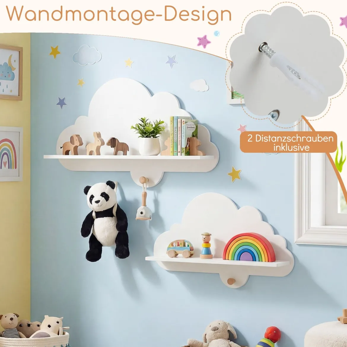 2er Set Wandregal Schweberegal im Wolken-Design Wandmontiertes Bücherregal mit Holzhaken Weiß/Natur