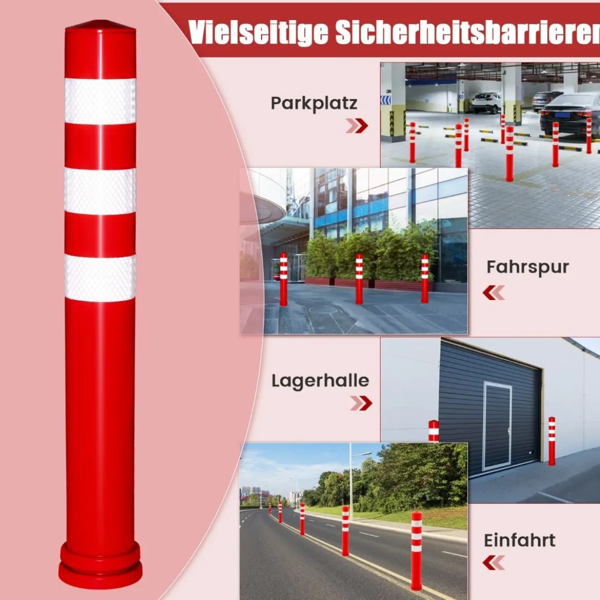 10er Set Warnpfosten aus PU mit 3 Reflektierenden & Befestigungsmaterial Absperrpfosten Ø 8 cm