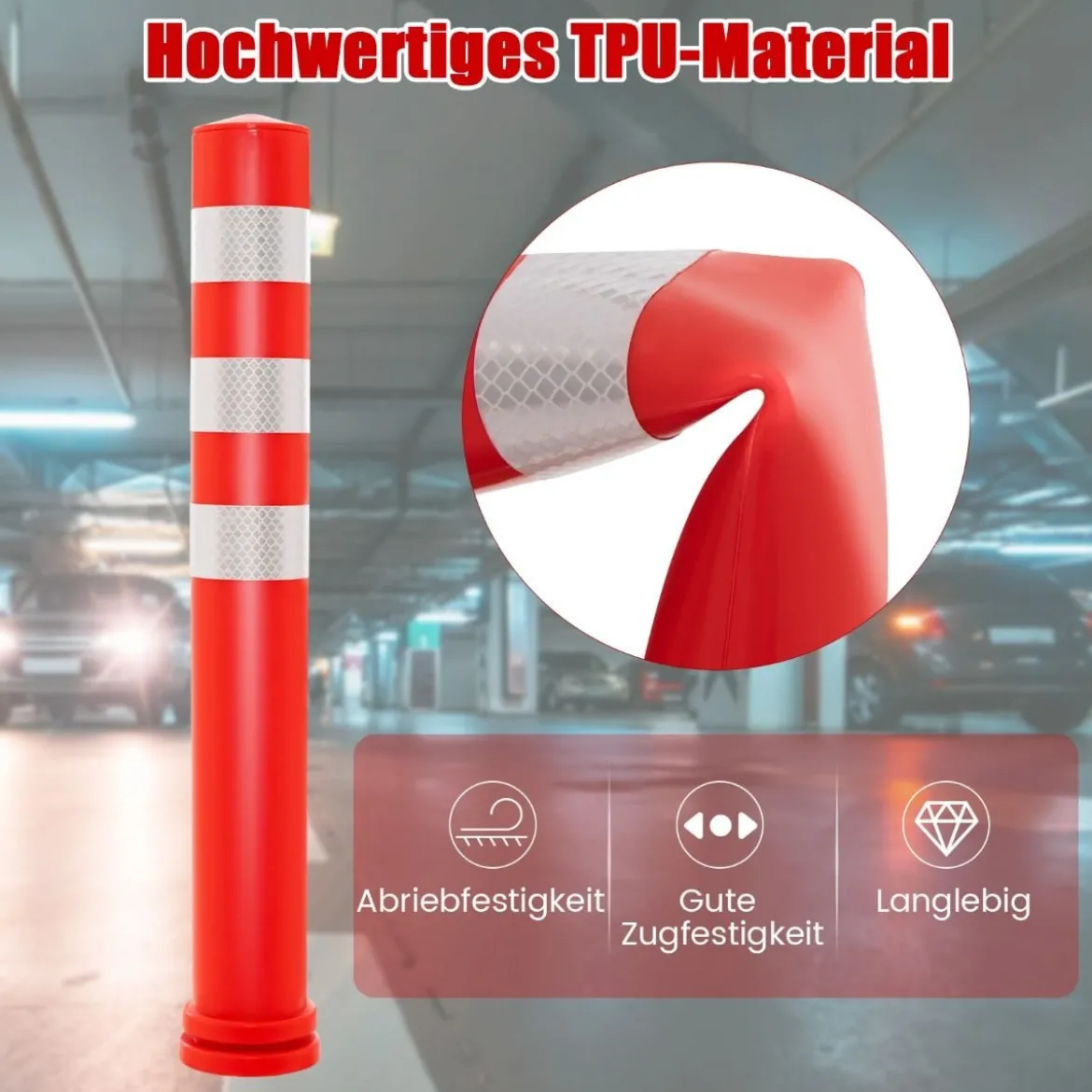 10er Set Warnpfosten aus PU mit 3 Reflektierenden & Befestigungsmaterial Absperrpfosten Ø 8 cm