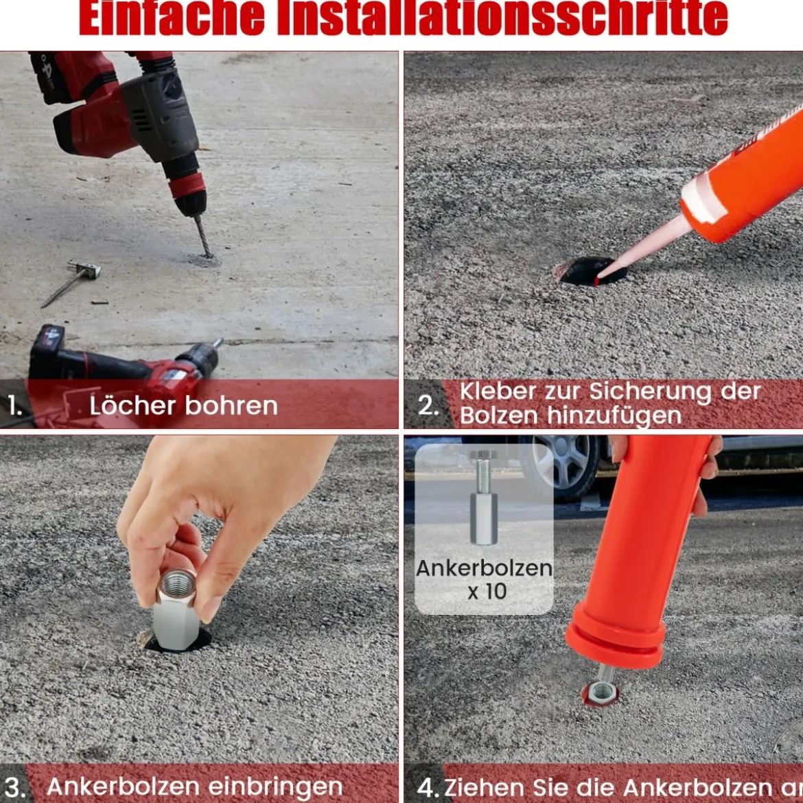 10er Set Warnpfosten aus PU mit 3 Reflektierenden & Befestigungsmaterial Absperrpfosten Ø 8 cm