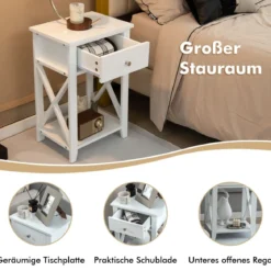 2er Set X-förmiger Nachttisch mit Schublade & Unterem Ablagefach Moderner Beistelltisch Weiß