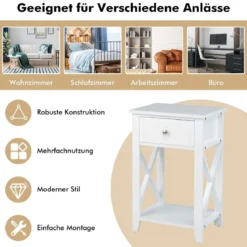 2er Set X-förmiger Nachttisch mit Schublade & Unterem Ablagefach Moderner Beistelltisch Weiß