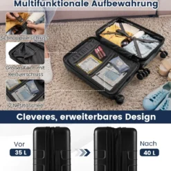 Erweiterbarer Reisekoffer leichter PC-Hartschalenkoffer mit Frontfach 20 Zoll Flugzeugtaugliches Rollgepäck Schwarz