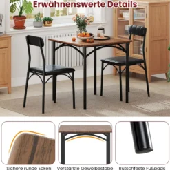 Essgruppe Esstisch mit 2 Stühlen quadratischer Küchentisch & 2 Stühle mit gepolsterten Sitzen