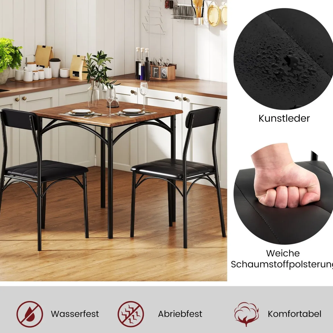 Essgruppe Esstisch mit 2 Stühlen quadratischer Küchentisch & 2 Stühle mit gepolsterten Sitzen