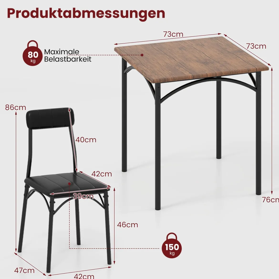 Essgruppe Esstisch mit 2 Stühlen quadratischer Küchentisch & 2 Stühle mit gepolsterten Sitzen