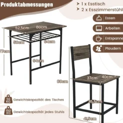 Essgruppe für 2 3-teiliges rechteckiges Tisch- und Stuhlset aus Holz mit Metallrahmen Grau