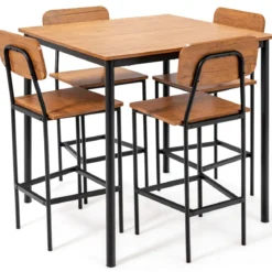 Ess-Set 5-Teiliges Esstisch-Set mit Tisch und 4 Barhockern Walnuss