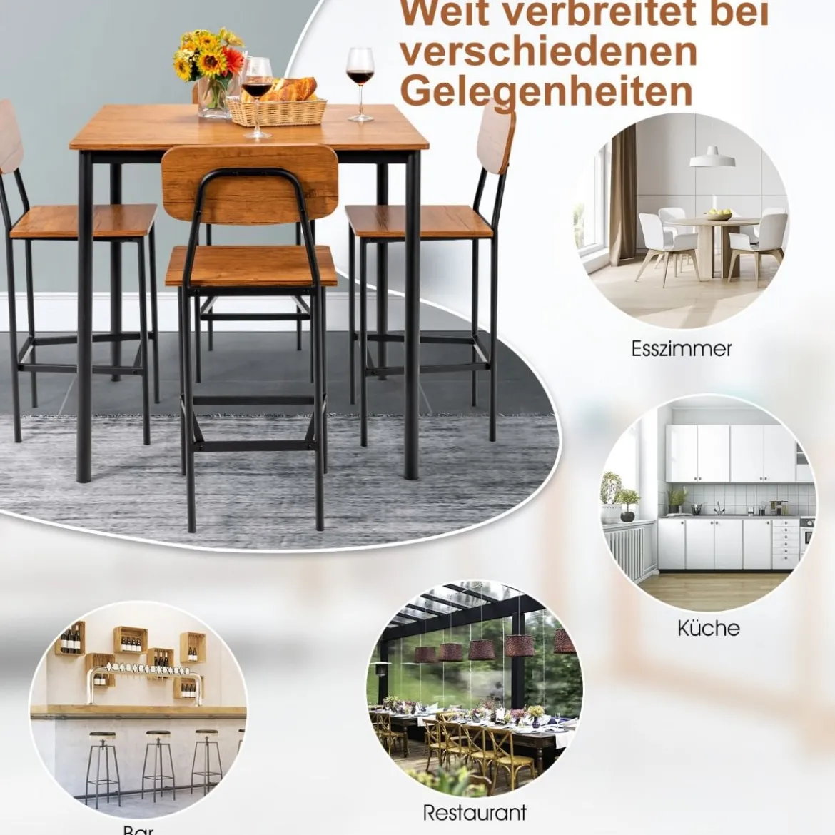 Ess-Set 5-Teiliges Esstisch-Set mit Tisch und 4 Barhockern Walnuss