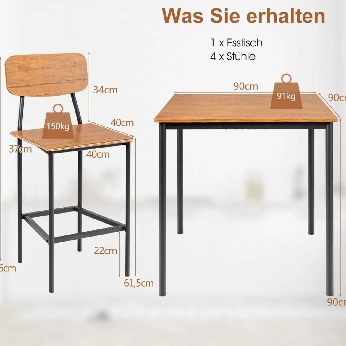 Ess-Set 5-Teiliges Esstisch-Set mit Tisch und 4 Barhockern Walnuss