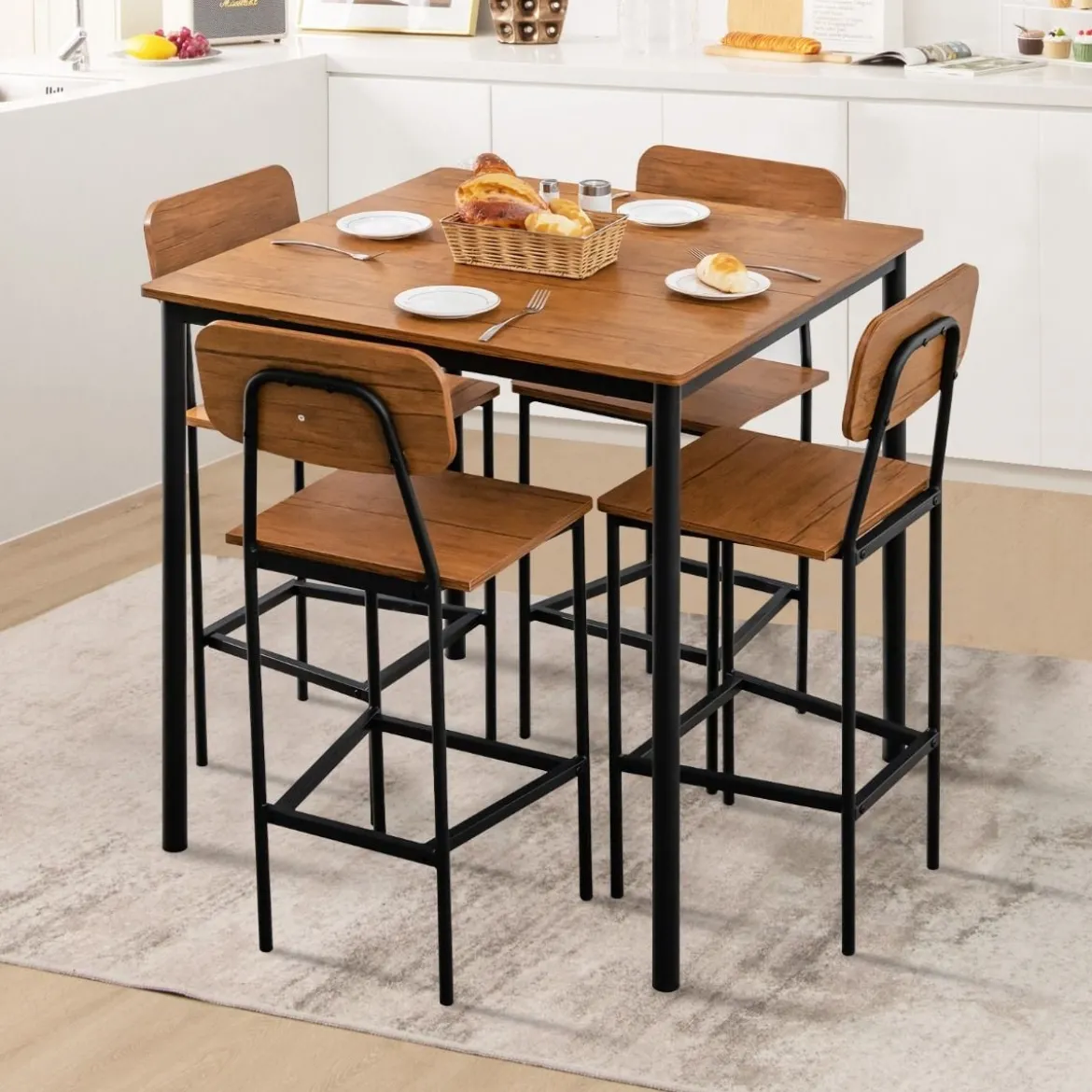 Ess-Set 5-Teiliges Esstisch-Set mit Tisch und 4 Barhockern Walnuss