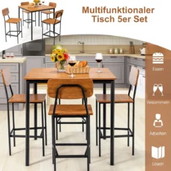 Ess-Set 5-Teiliges Esstisch-Set mit Tisch und 4 Barhockern Walnuss