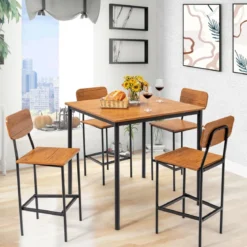 Ess-Set 5-Teiliges Esstisch-Set mit Tisch und 4 Barhockern Walnuss