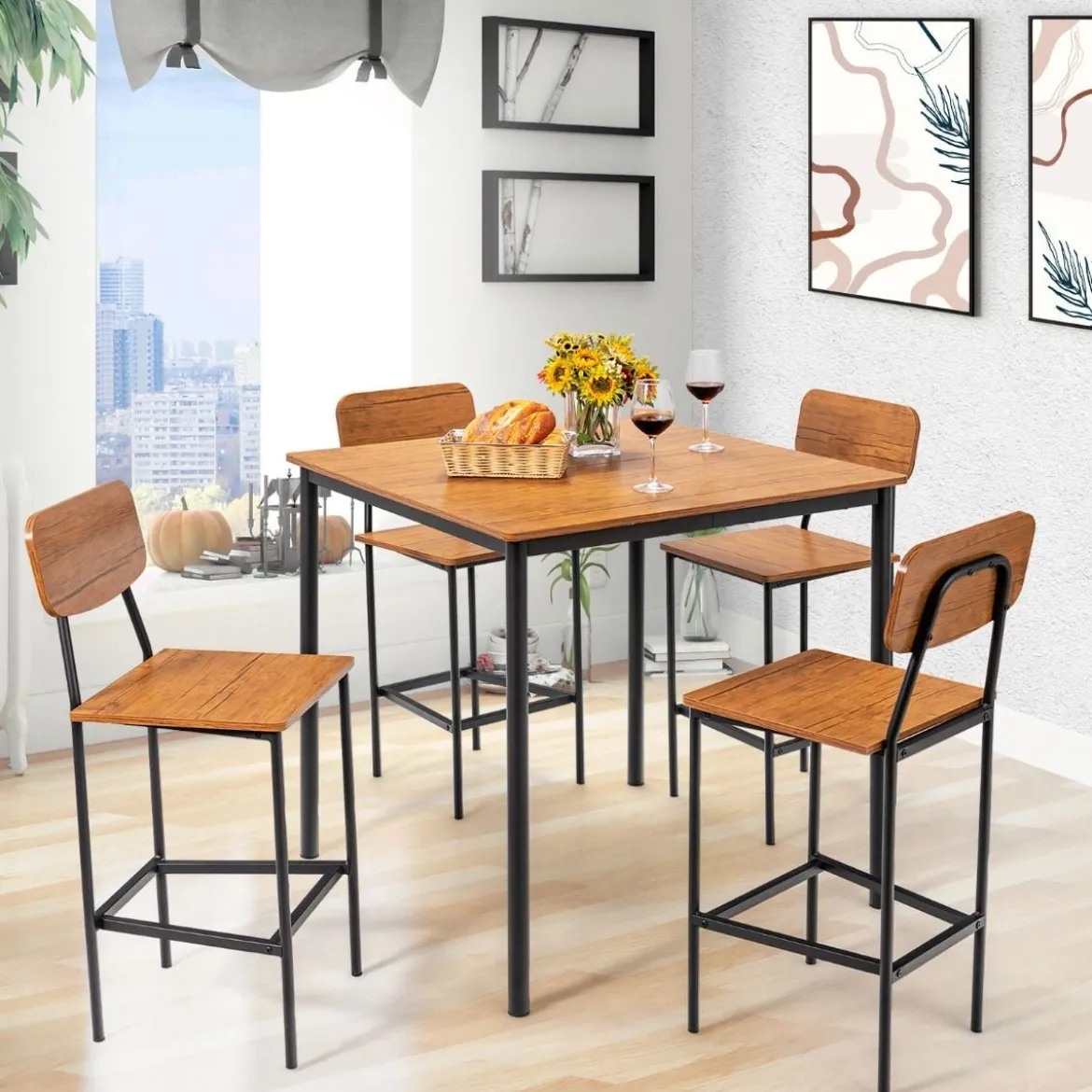 Ess-Set 5-Teiliges Esstisch-Set mit Tisch und 4 Barhockern Walnuss